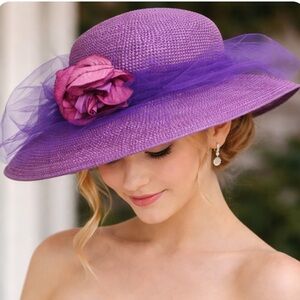 Vintage Wide Brim Purple Straw Derby Hat OLD STOCK!!
